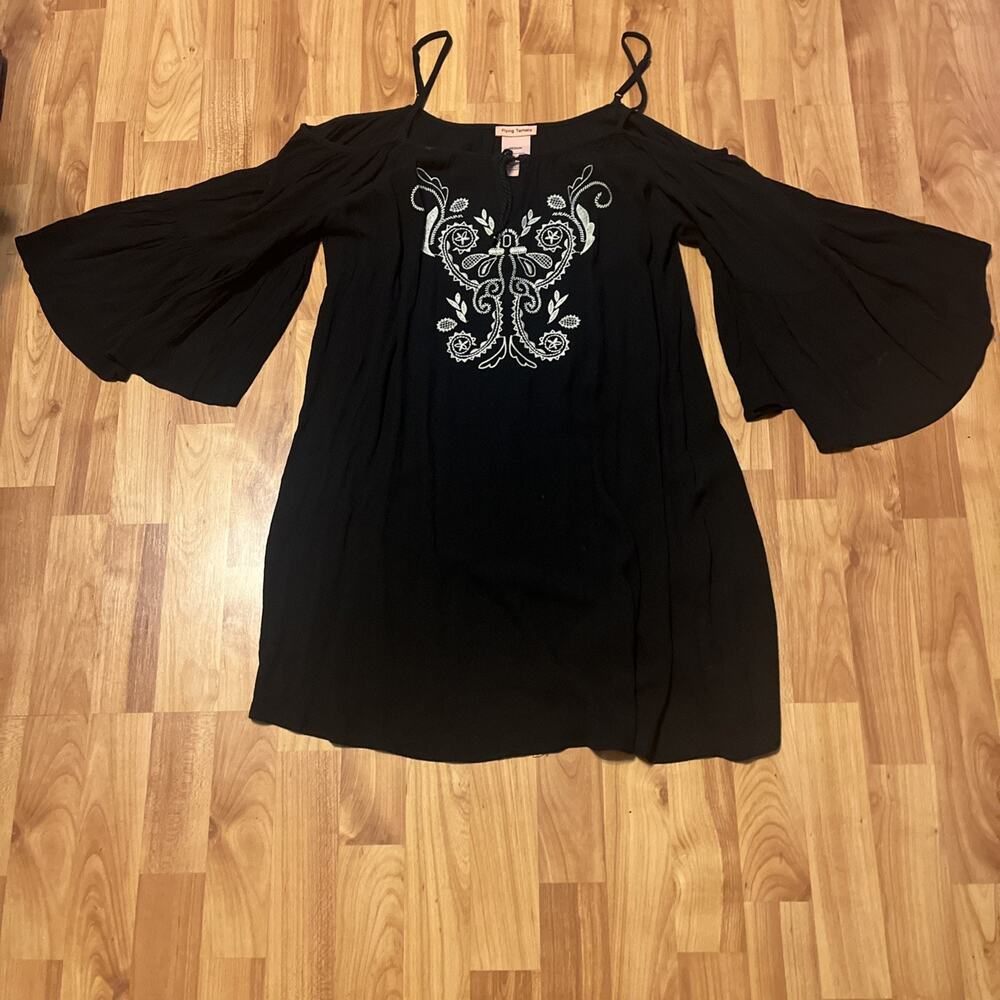 Flying Tomato Black Boho Embroidered Off Shoulder Floral Tunic Blouse Medium